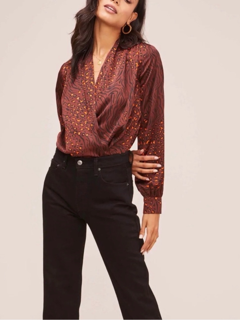Astr Brown and Orange Animal-Print Satin Wrap Bodysuit NWOT - Picture 4 of 10